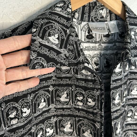 Chico’s Black Silver Silk Open Jacket Lady Vintage Cameo Print Artsy Museum - Picture 6 of 6